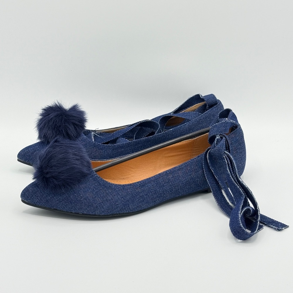 11W Denim Blue Pointed Toe PomPom Ankle‎ Wrap Lace Up Flats Shoes